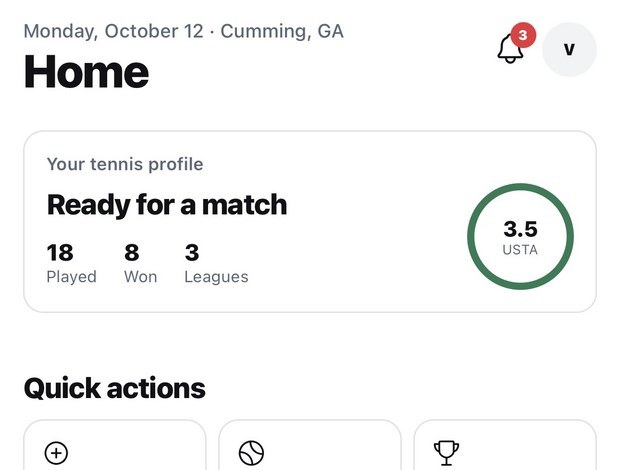 Screenshot of the MatchHub app home screen: the player's profile and record, with quick actions for new games, casual play and leagues