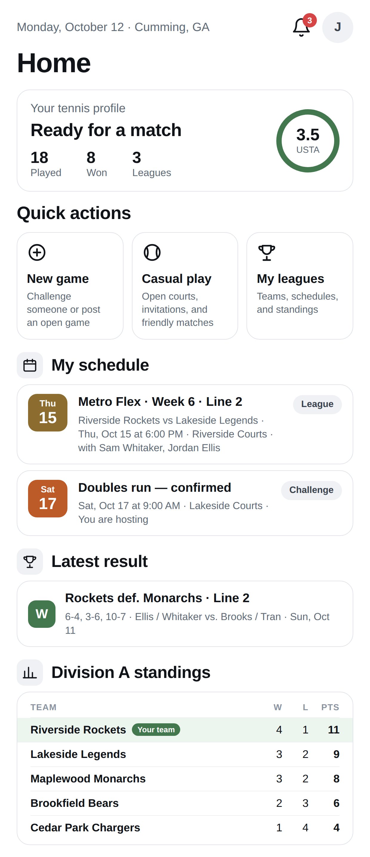 The MatchHub league app on a phone: the full home screen with the player's record, quick actions, upcoming fixtures with doubles lineups, the latest result with set scores, and the Division A standings table (sample data — fictional players and teams)