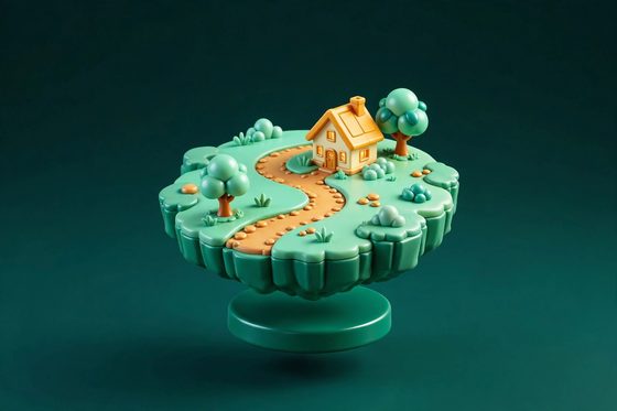 3D miniature floating island with a cottage, trees and a winding path