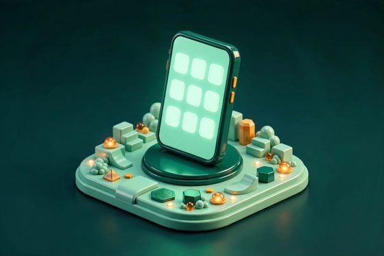 3D model of a smartphone with a glowing app grid, standing on a miniature platform