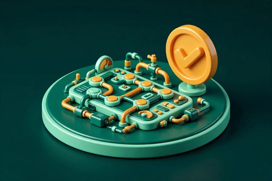 3D model of a connected workflow dashboard with pipes, gauges and a large amber checkmark