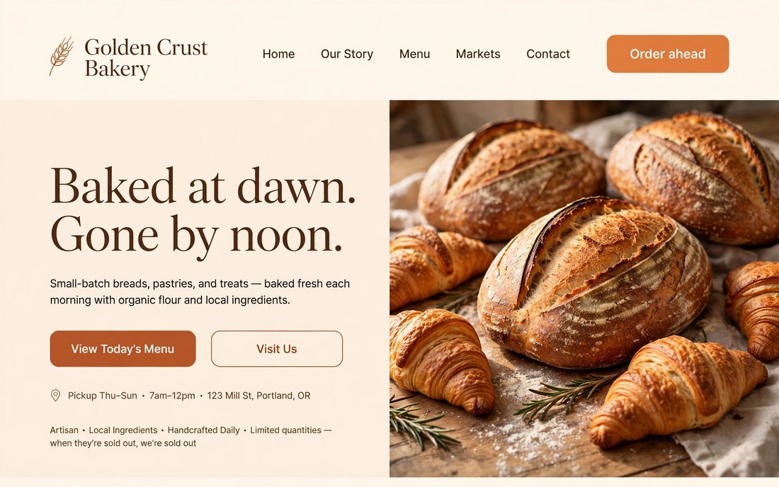 Sample of a custom-built website: a bakery homepage with the headline 'Baked at dawn. Gone by noon.', an order-ahead button and a photograph of sourdough loaves and croissants