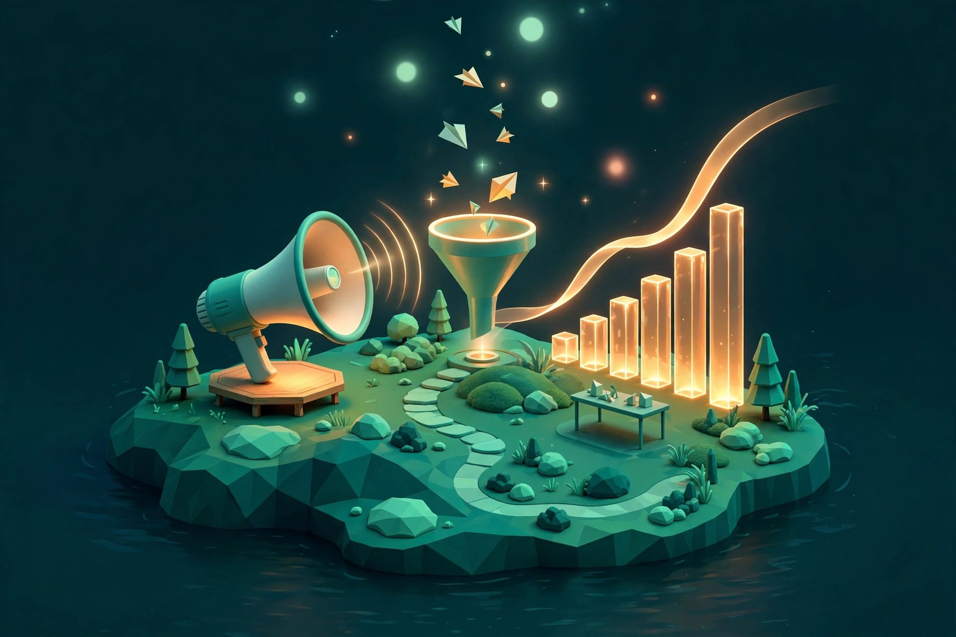 3D hilltop scene with a megaphone, a funnel and a rising chart